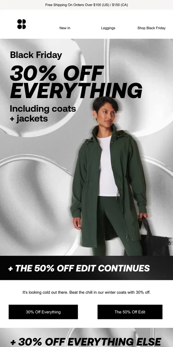 Email from Sweaty Betty. Black Friday | 30% off your new forever coat