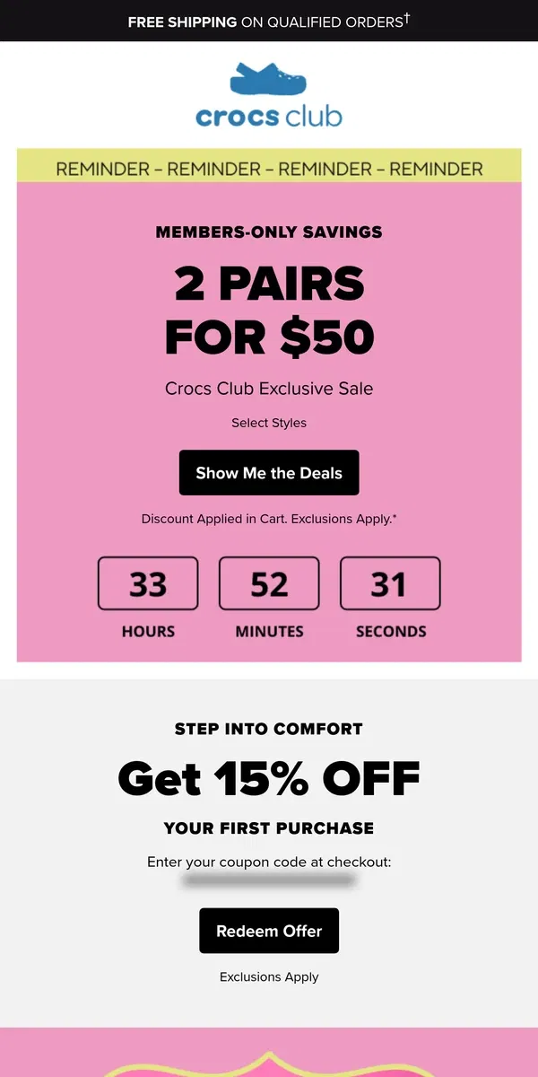 Email from Crocs. 🤫 Exclusive savings –2 pairs for $50!