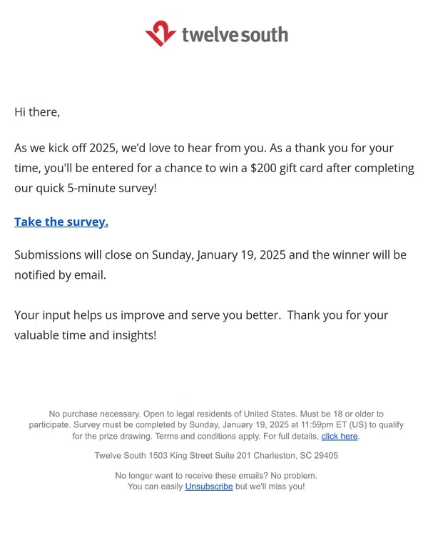 Email from Twelve South. Your Opinion Matters! Chance to Win a $200 Gift Card 🎉