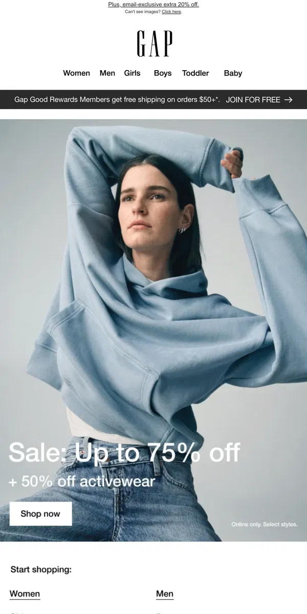 Email from GAP. Re: up to 75% off + 50% off activewear to kick off 2025