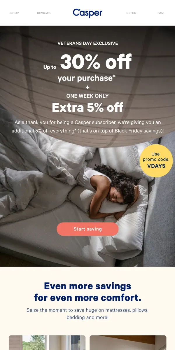 Email from Casper. An EXTRA 5% off everything starts now*.