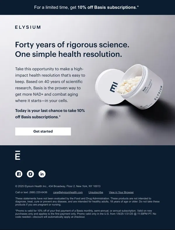 Email from Elysium Health. Last chance for New Year longevity savings