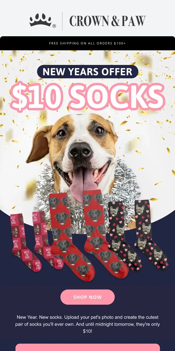 Email from Crown & Paw. $10 Pet Face Socks 🧦