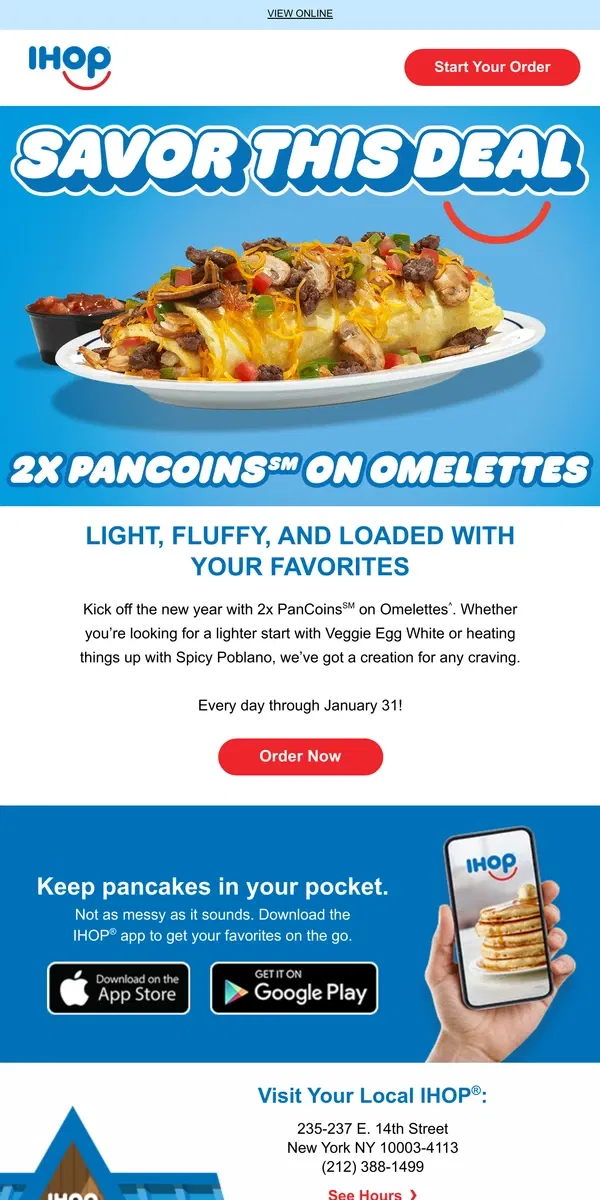 Email from IHOP. 🎉 [Name], Your Deal is Here: 2x PANCOINS℠ ON OMELETTES