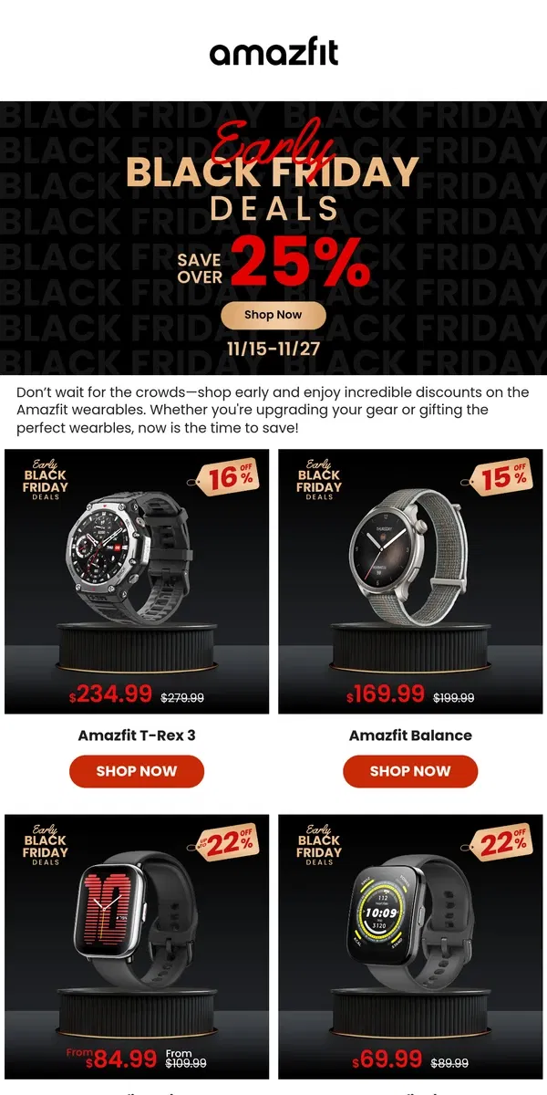 Email from Amazfit. Save Over 25% with Amazfit Early Black Friday Deals!