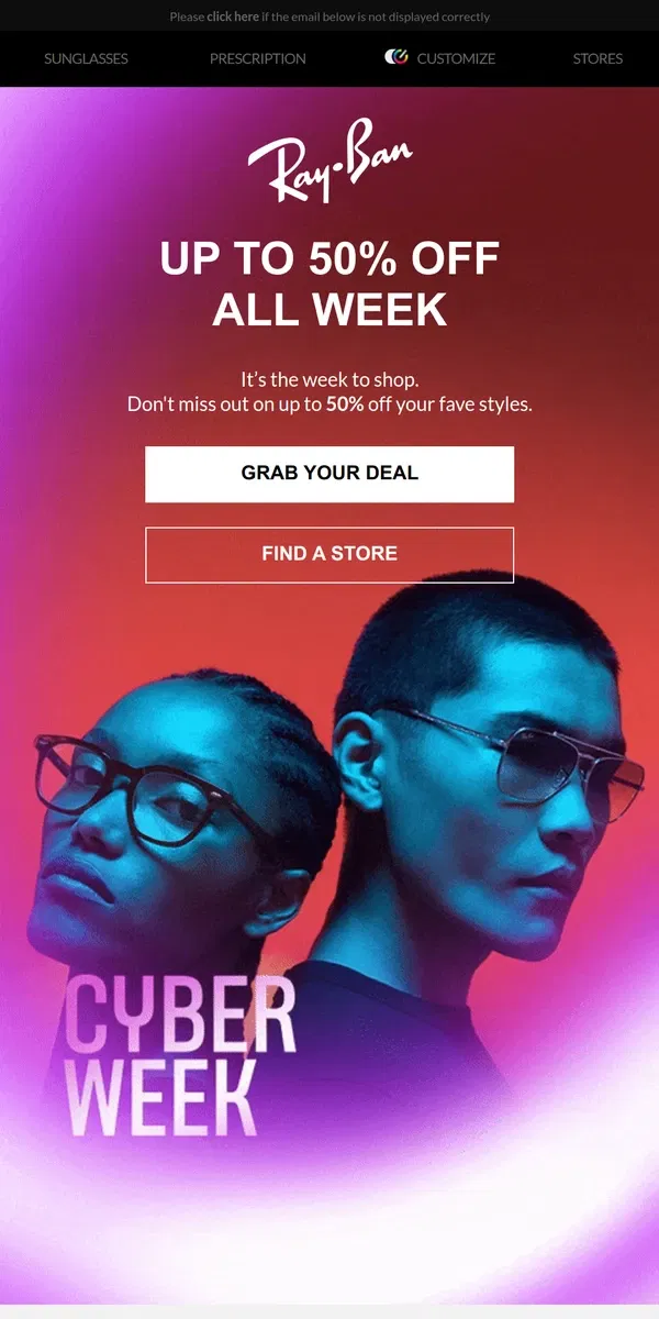 Email from Ray-Ban. Up to 50% off timeless and everyday styles