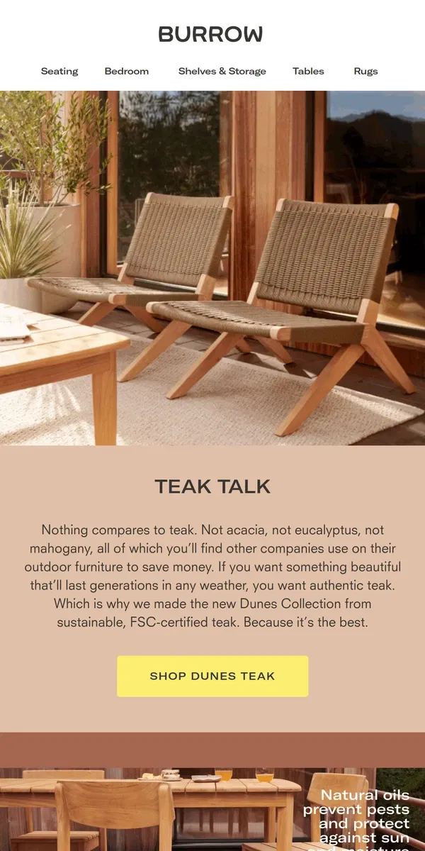 Email from Burrow. Let’s talk teak