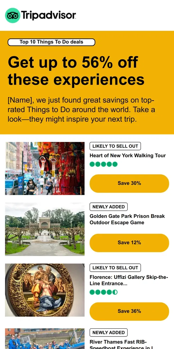 Email from Tripadvisor. Top 10 deals on experiences this month