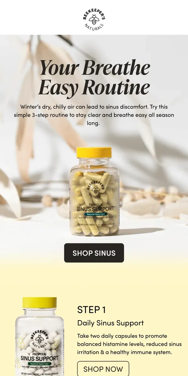 Email from Beekeeper's Naturals. The 3-Step Daily Sinus Routine