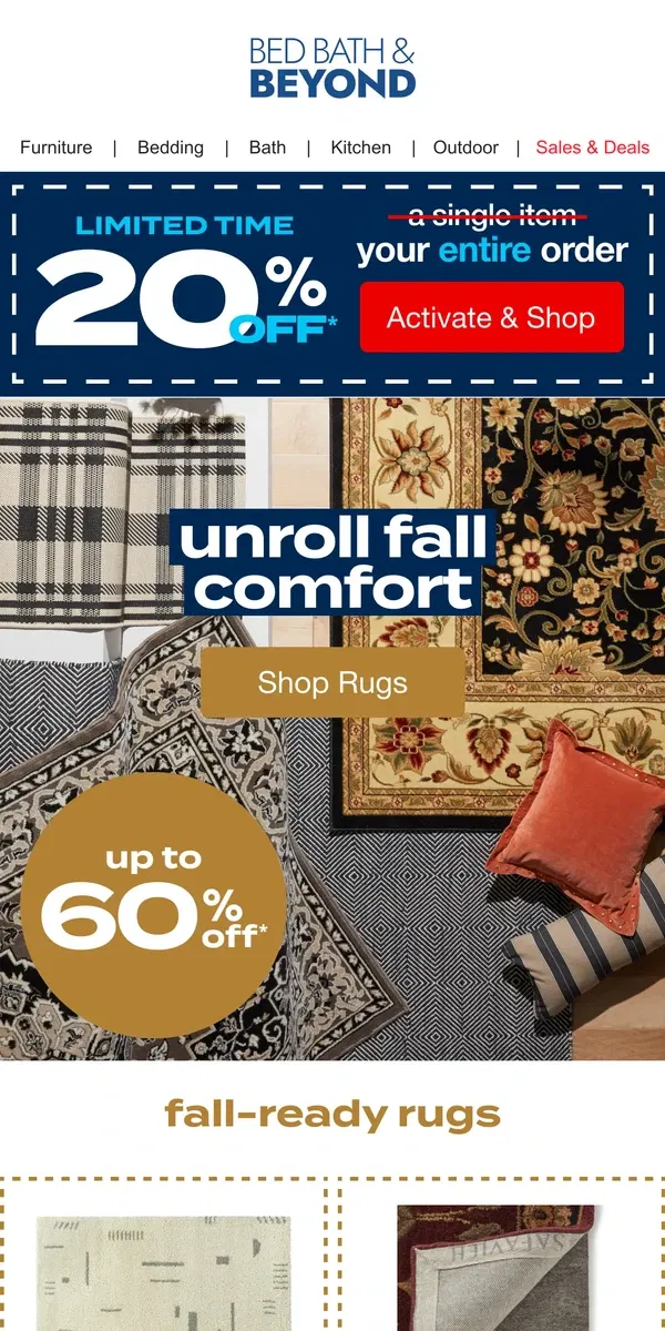 Email from Bed Bath & Beyond. Up to 60% off Fall Rugs, Even Softer Than a Pile of Leaves 🍂