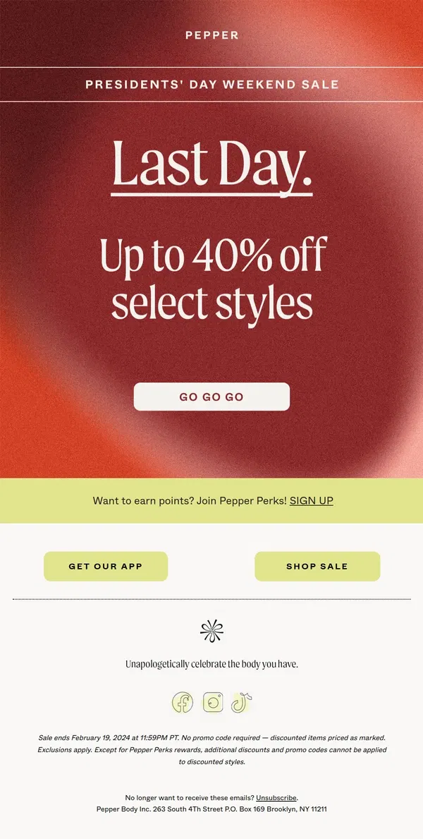 Email from Pepper. Last chance! Up to 40% off