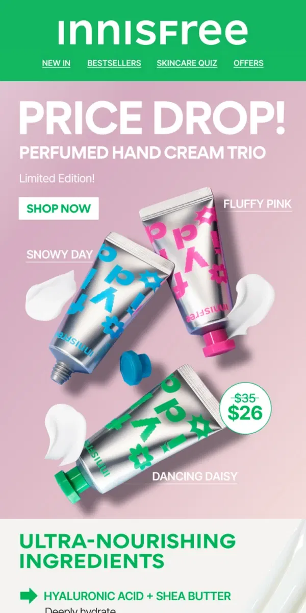 Email from innisfree. Price Drop! Hydrating Hand Cream Trio