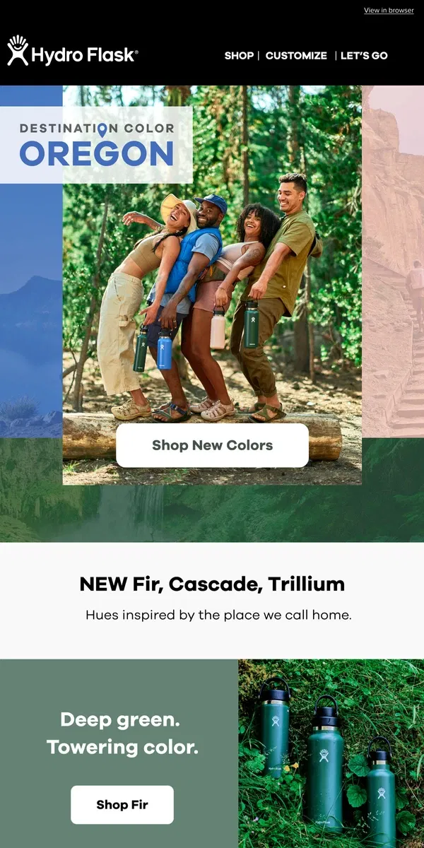 Email from Hydro Flask. NEW: DESTINATION COLOR OREGON