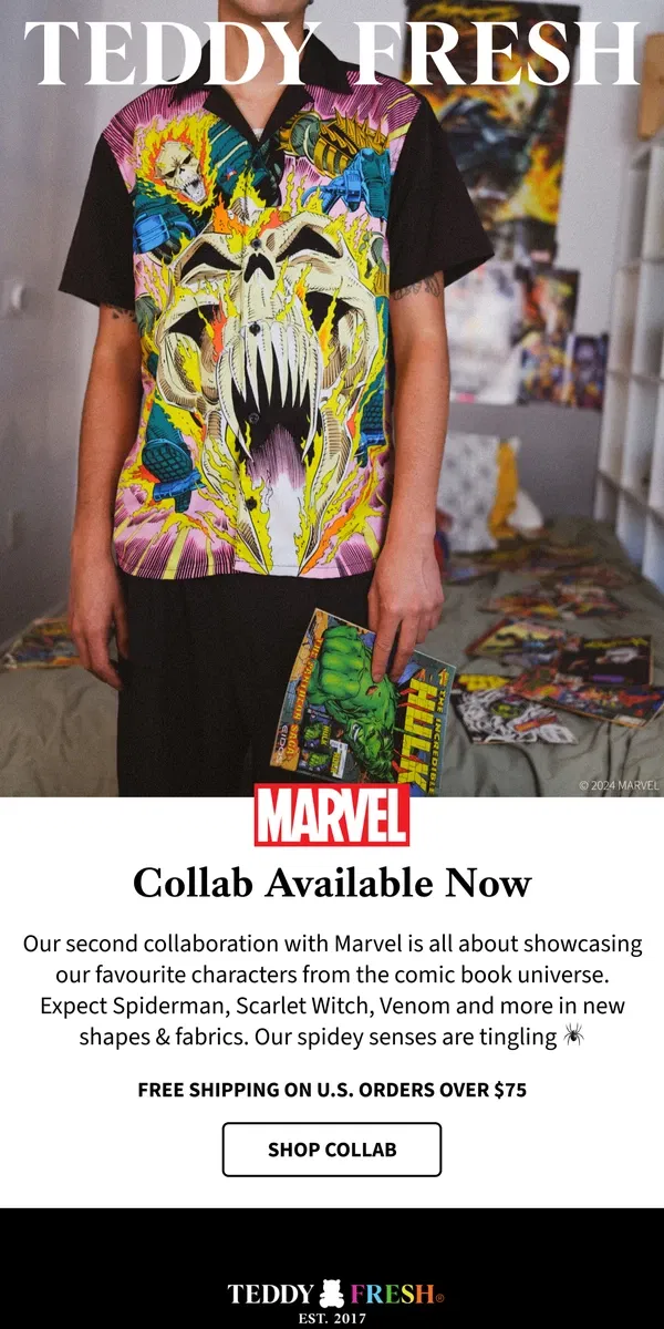 Email from Teddy Fresh. MARVEL COLLAB AVAILABLE NOW!