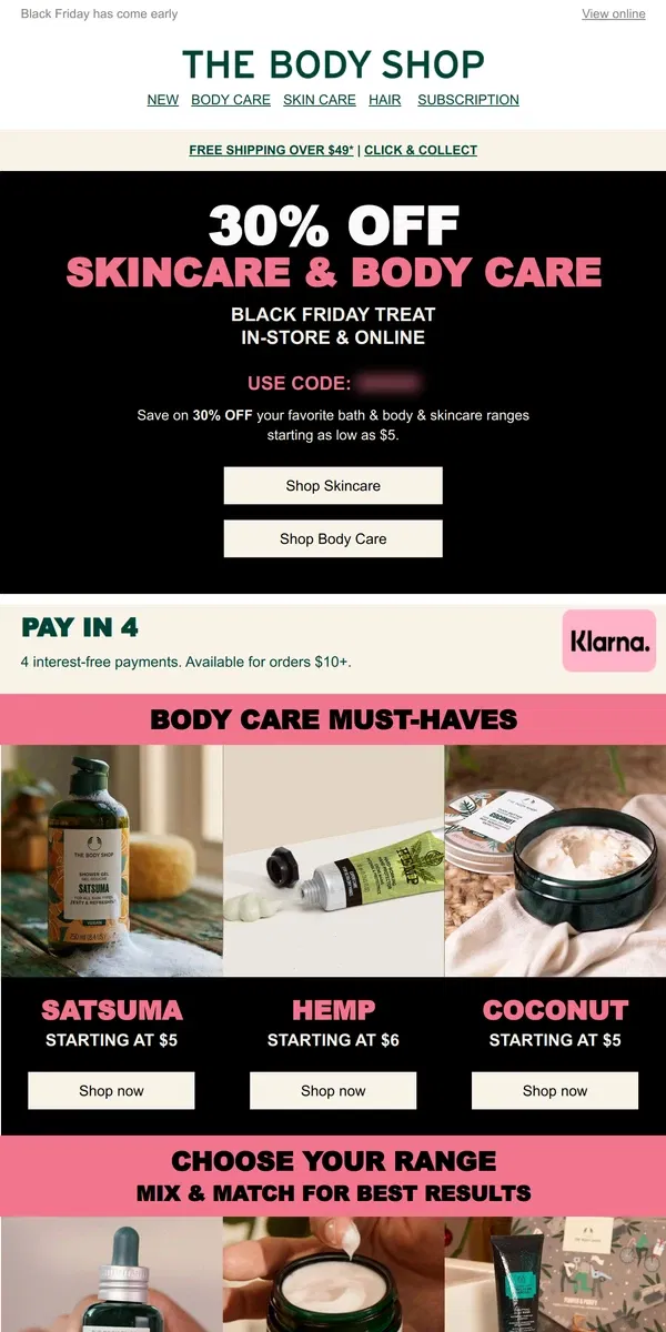 Email from The Body Shop. Body care & Skincare as low as $5