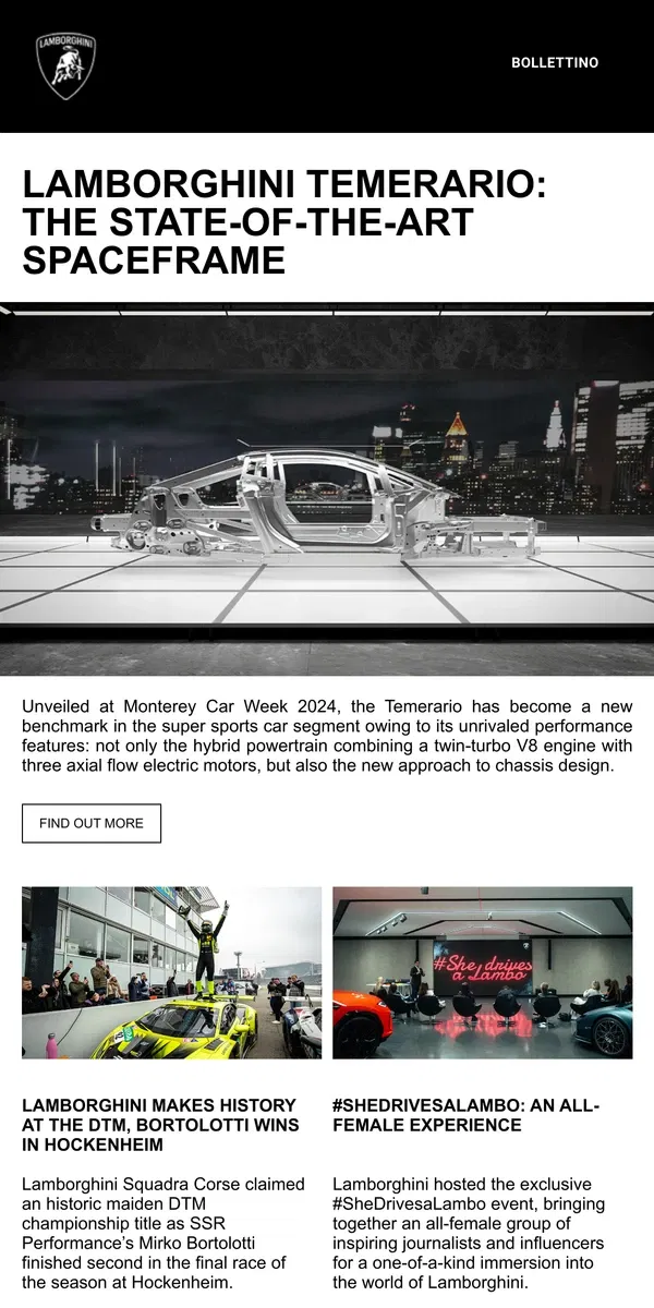 Email from Lamborghini. Lamborghini Temerario: the state-of-the-Art Spaceframe