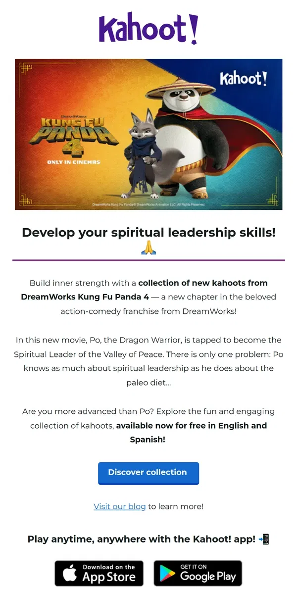 Email from Kahoot!. Build inner strength with DreamWorks Kung Fu Panda 4 on Kahoot! 🙏