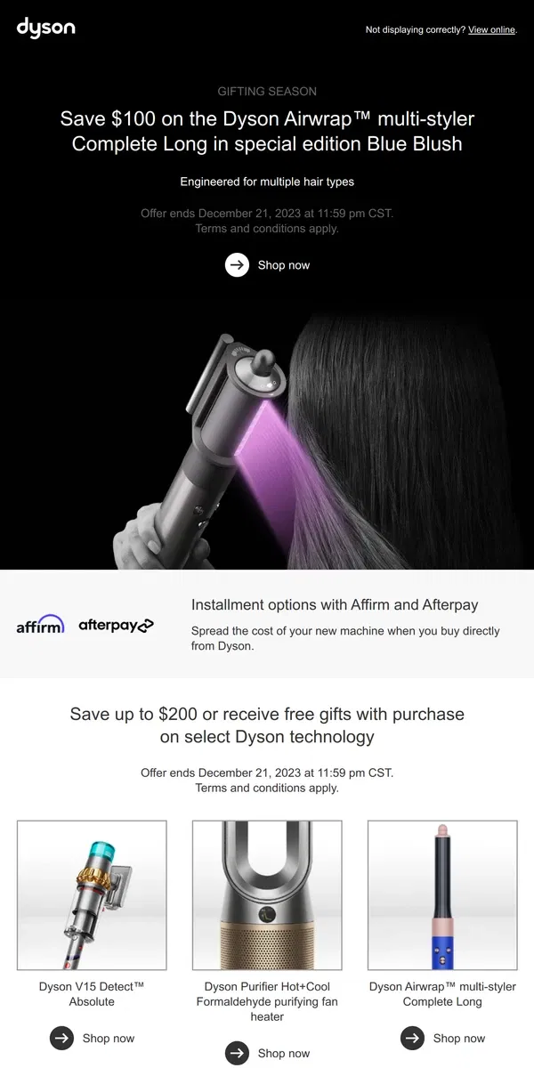 Email from Dyson. Save $100 on the Dyson Airwrap multi-styler Complete Long in special edition Blue Blush