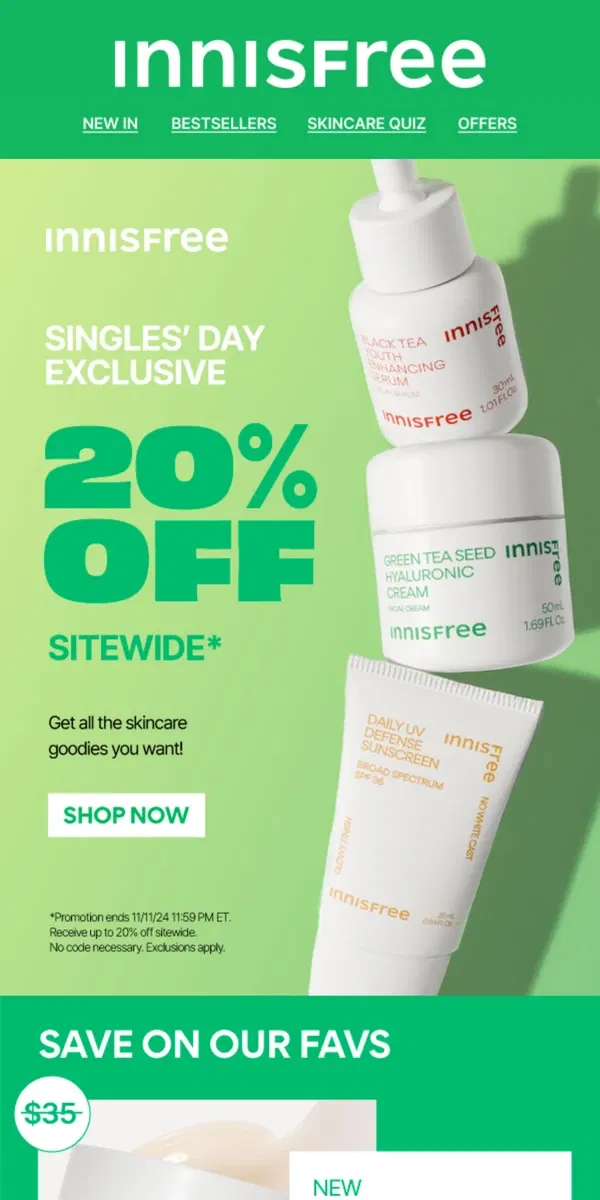 Email from innisfree. TODAY ONLY! Get 20% OFF SITEWIDE