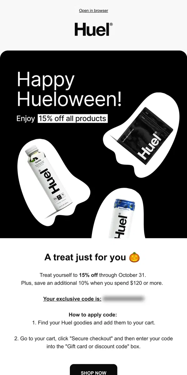 Email from Huel. Treat yourself with 15% off Huel 🎃