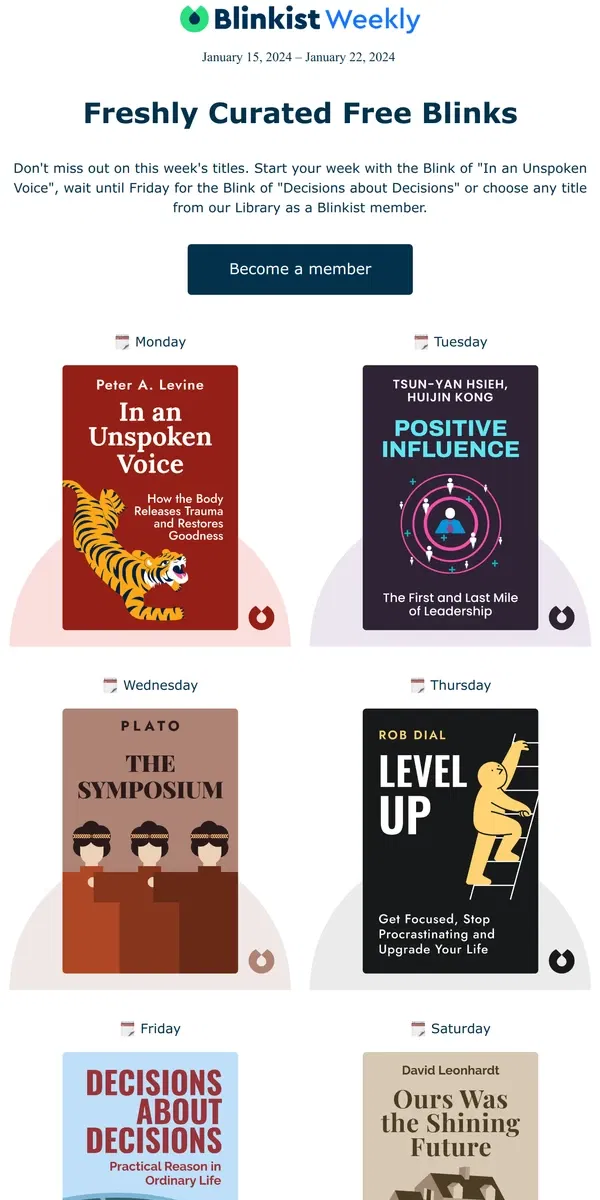 Email from Blinkist. 📚 Upcoming Reads: Your free book summaries for next week!