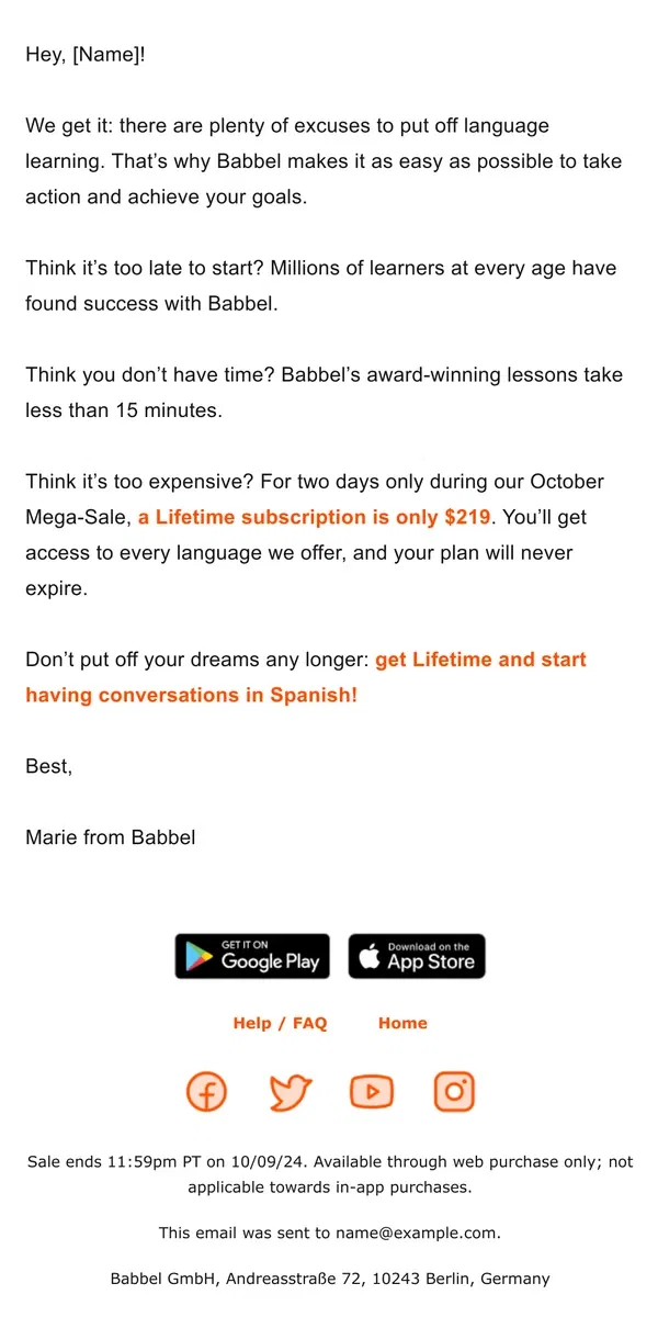 Email from Babbel. This sale is a HUGE MEGA DEAL