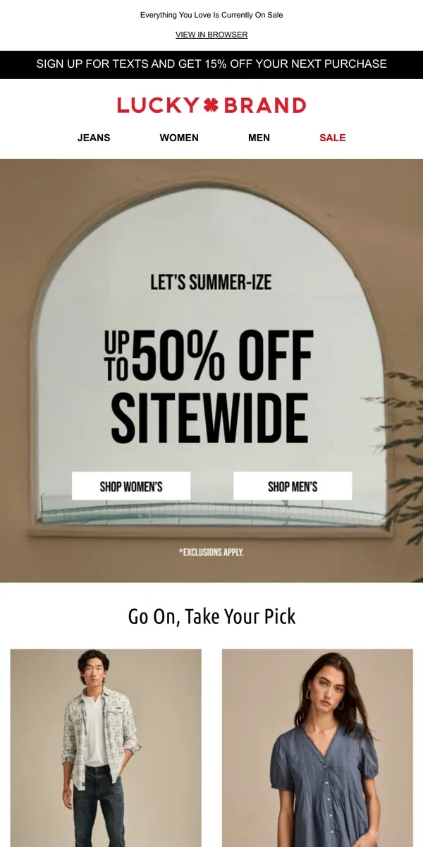Email from Lucky Brand. YES! Up To 50% Off Is Going On Now