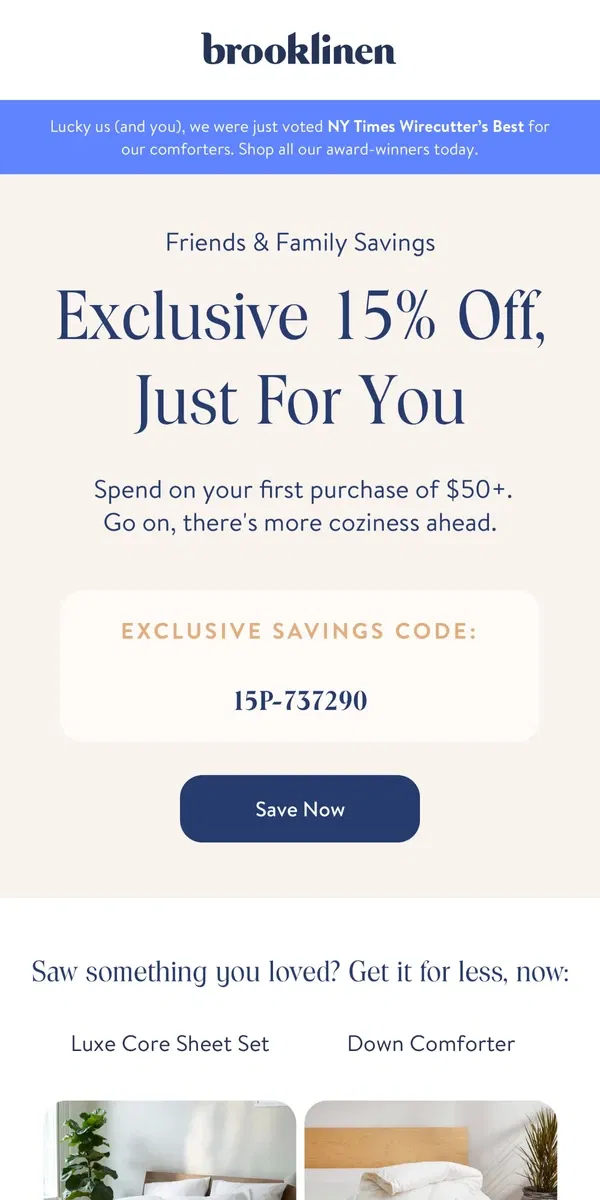 Email from Brooklinen. Pssst, time to save…