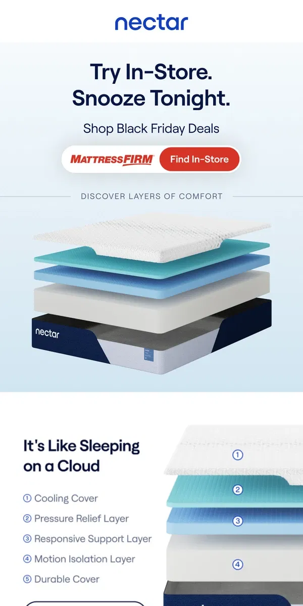 Email from Nectar. Looking for restful 💤  this Black Friday? Try & take home at Mattress Firm.