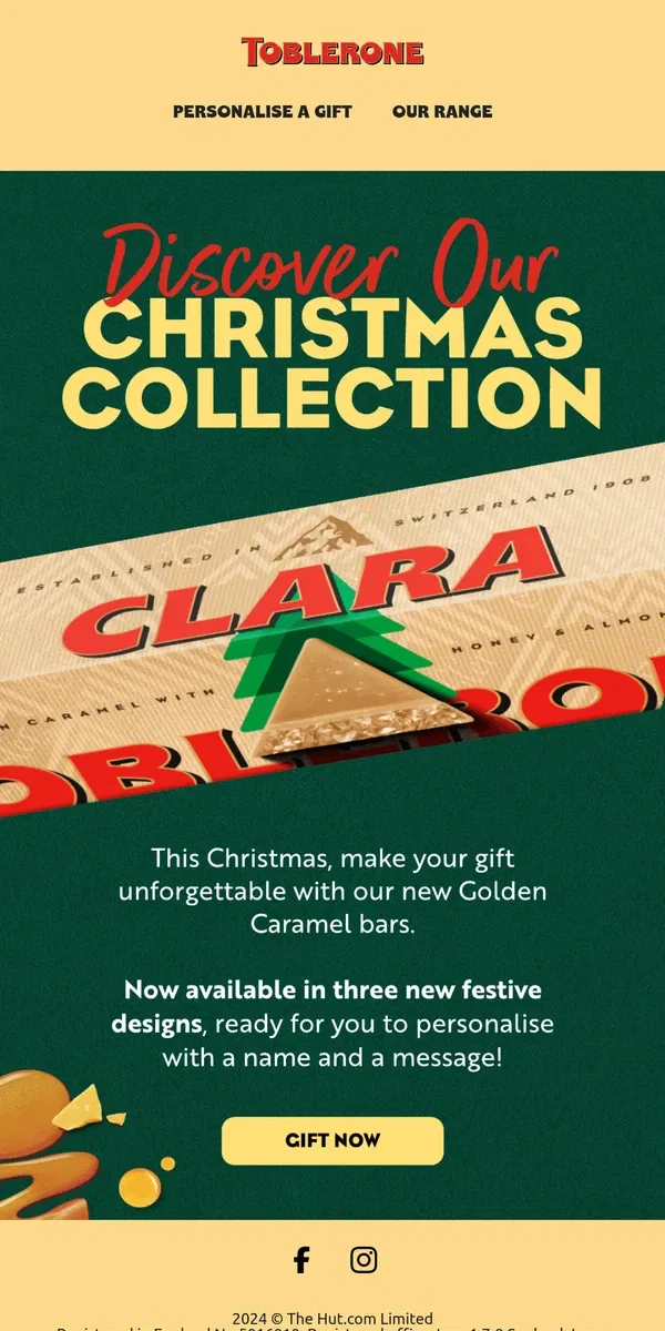 Email from Toblerone. Golden Caramel - Now in Christmas Designs!