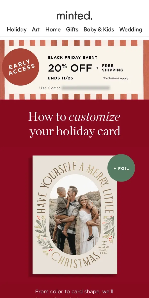 Email from Minted. How to customize your holiday card