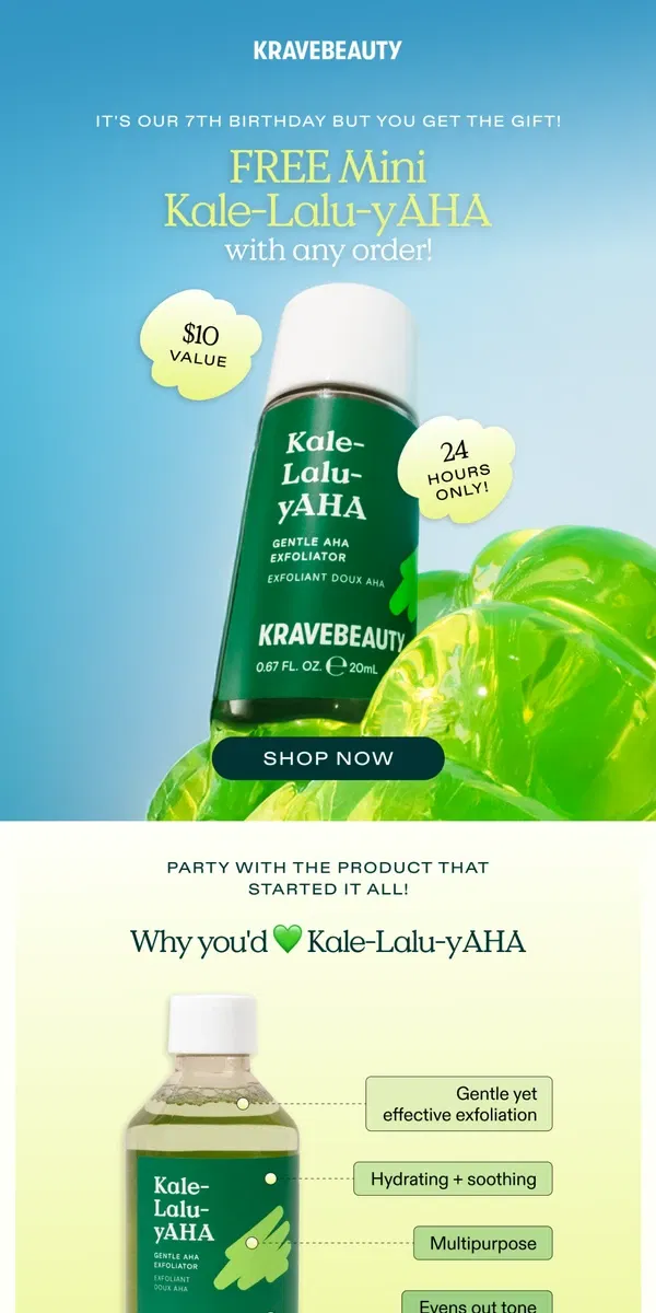 Email from KraveBeauty. Our Birthday, But You Get The Gift 🥳