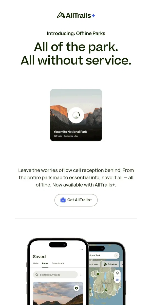 Email from AllTrails. Introducing: Offline Parks