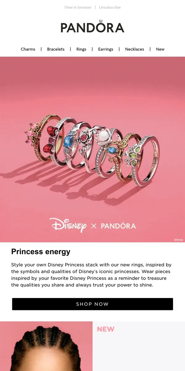 Email from Pandora Jewelry. With new Disney x Pandora rings