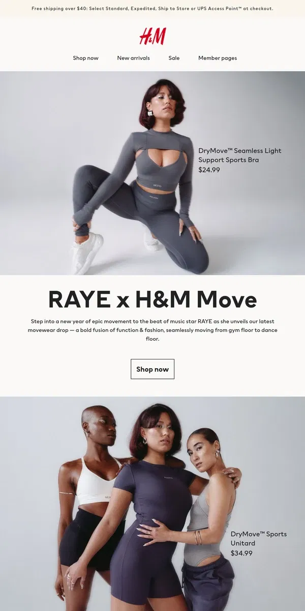 Email from H&M. RAYE unveils new H&M Move drop