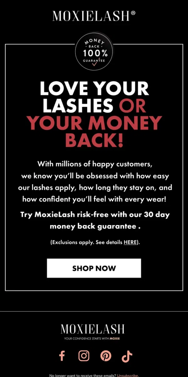 Email from MoxieLash. Try MoxieLash Risk-Free—30 Day Money-Back Guarantee!