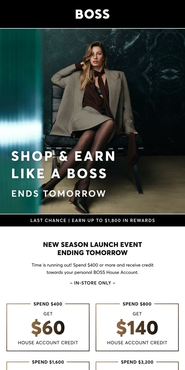 Email from HUGO BOSS. New Season Launch ENDS TOMORROW