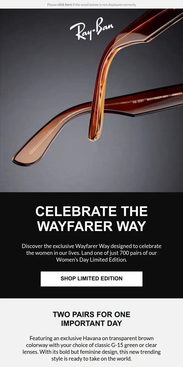 Email from Ray-Ban. Women’s Day Limited Edition