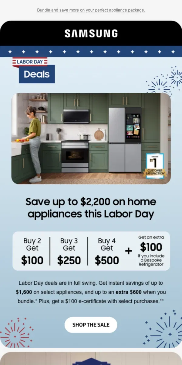 Email from Samsung. [Name], save up to $2,200 on home appliances this Labor Day