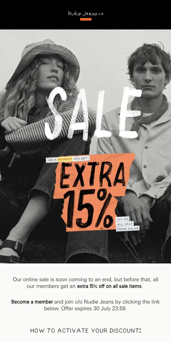 Email from Nudie Jeans. Extra 15% discount for members