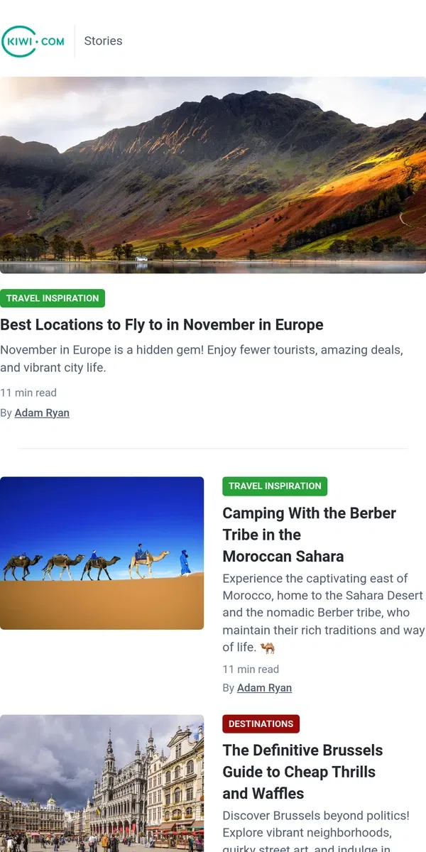 Email from Kiwi.com. 🧭 From north to south, east to west: Top adventures for November 🍂