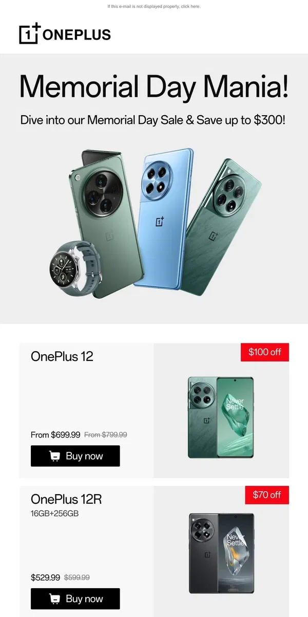 Email from OnePlus. Memorial Day Mania!