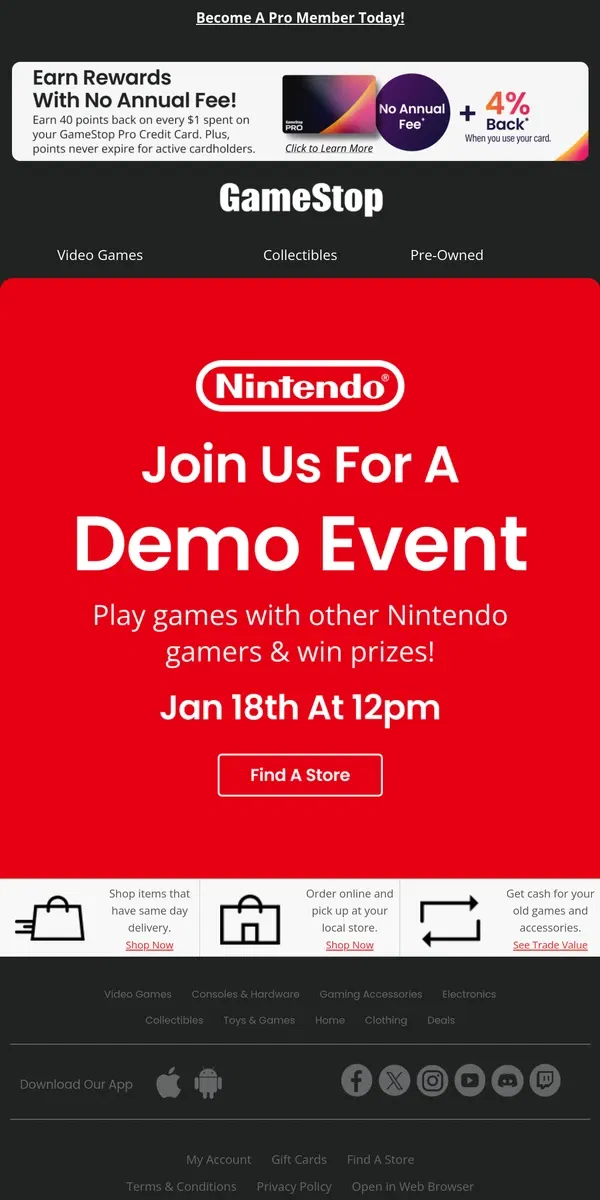 Email from GameStop. Play games & win prizes at our next Nintendo Demo Day!