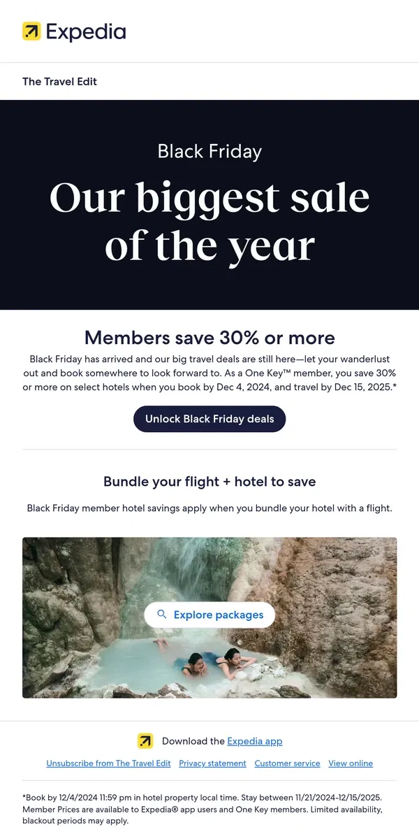 Email from Expedia. Black Friday is here! Members save 30% or more