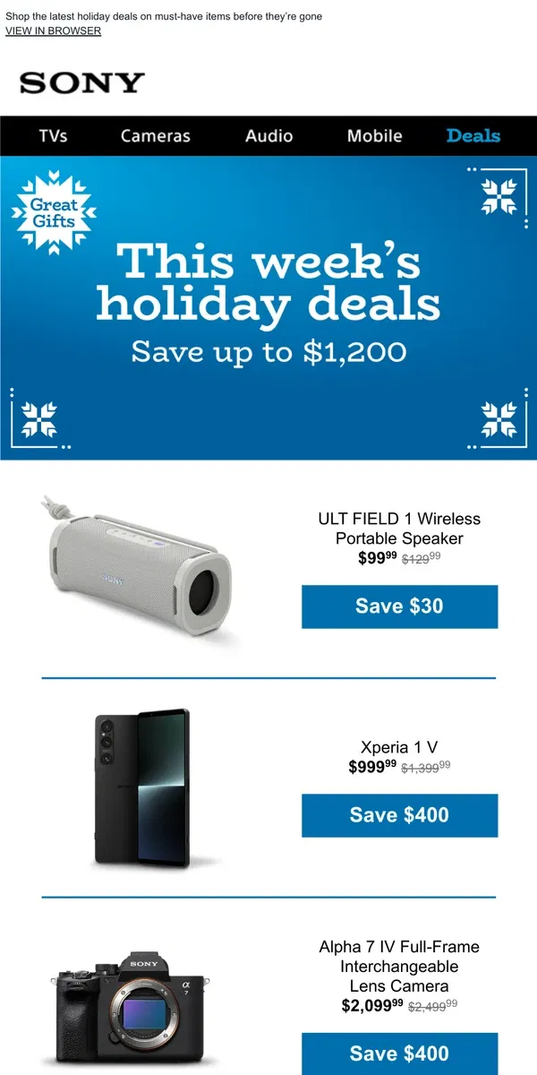 Email from Sony. Big Gifts And Big Savings! Save Up To $1,200 Today