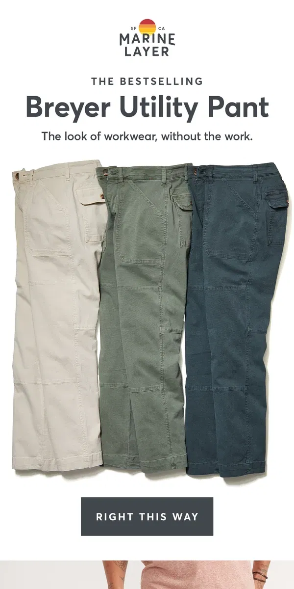 Email from Marine Layer. Back in stock (!) Breyer Utility Pant