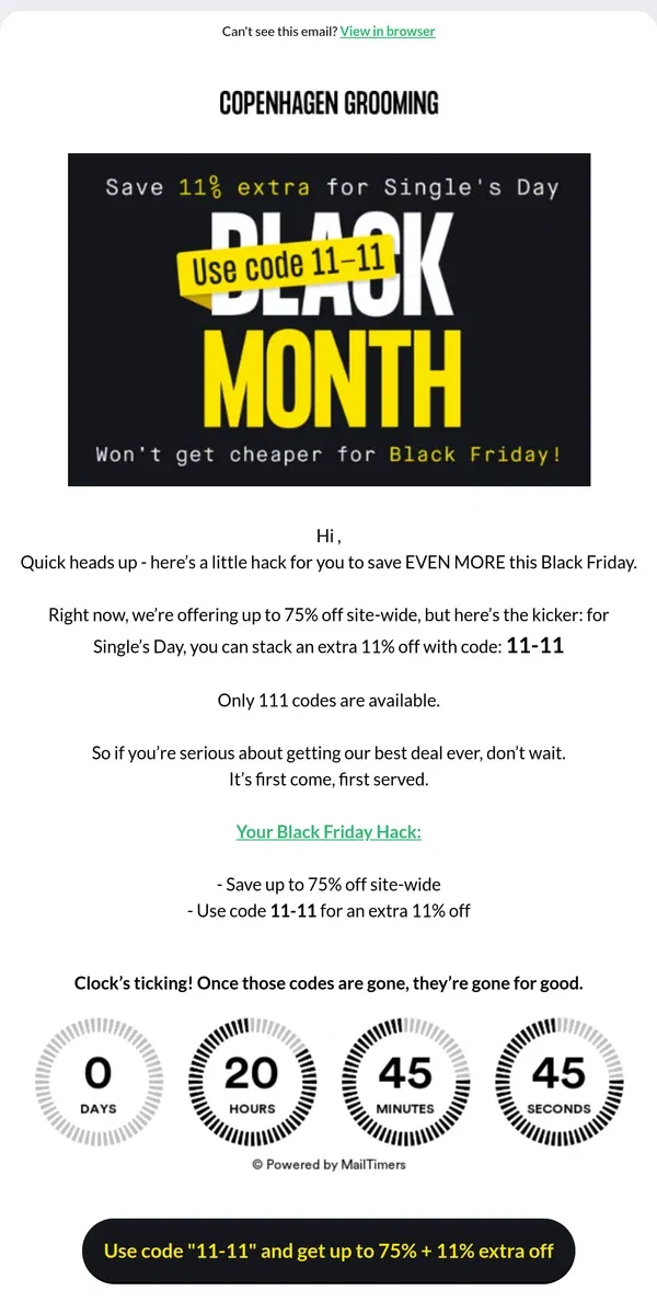 Email from Copenhagen Grooming. Hack Alert: Save an Extra 11% on Black Friday Deals! 🔥