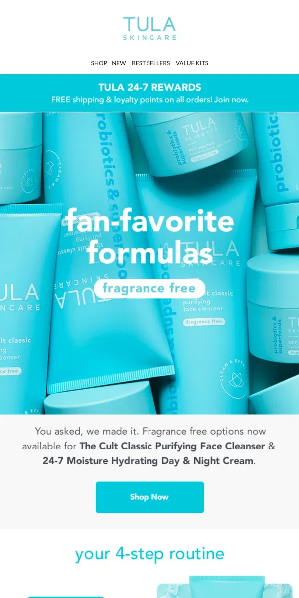 Email from TULA Skincare. Fragrance free options are here!