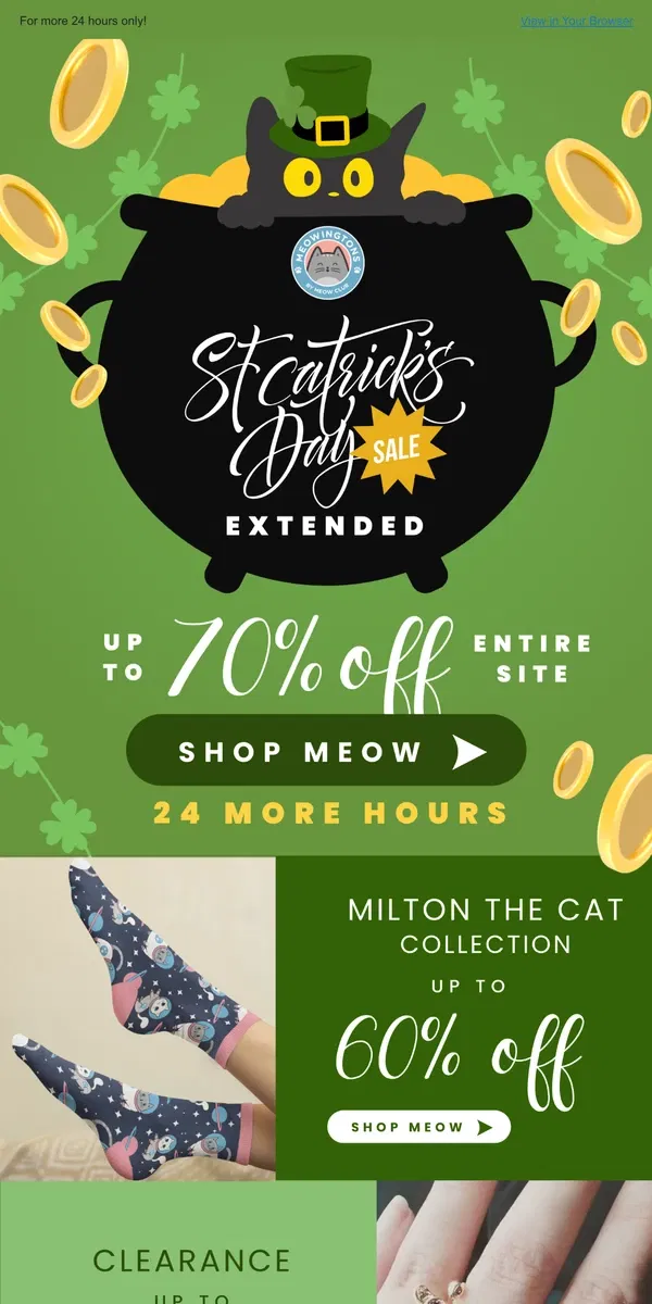 Email from Meowingtons. 70% OFF 🍀 EXTENDED!