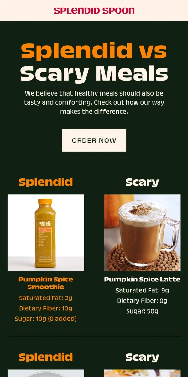 Email from Splendid Spoon. Scary vs. Splendid Meals 👻